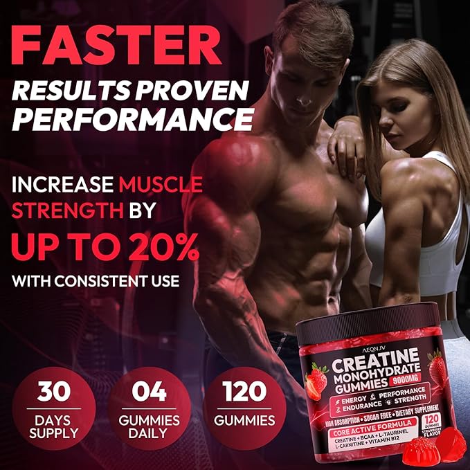 Creatine Gummies Monohydrate Complex 9000MG Chewable Creatine Monohydrate Gummies for Men &amp Women with L-Taurine BCAA 2:1 B12/6 Building Muscle Strength and Boost Focus 30 Days Supply