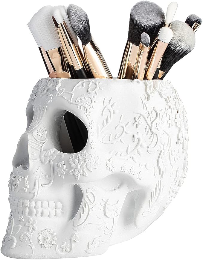 Skull Makeup Brush Candy Bowl &amp Pen Holder Bowl Spooky Goth Decorations Extra Large Strong Resin Skeleton Skulls and Bones Organizer Bathroom Trick Or Treat Decor by Gute (White)