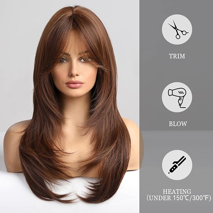 Heat Resistant Wigs Human Hair Mixed Synthetic Long Layered Black Blonde Highlights with Bangs for Women Party Cosplay