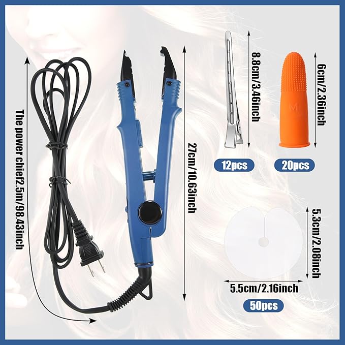 Hair Extensions Iron Fusion Keratin Hair Extensions Heat Tool Heat Connector Wand with Fusion Glue Protector Template Hair Clip Finger Protector 2 Bag Keratin Glue Granule Bead(Blue)