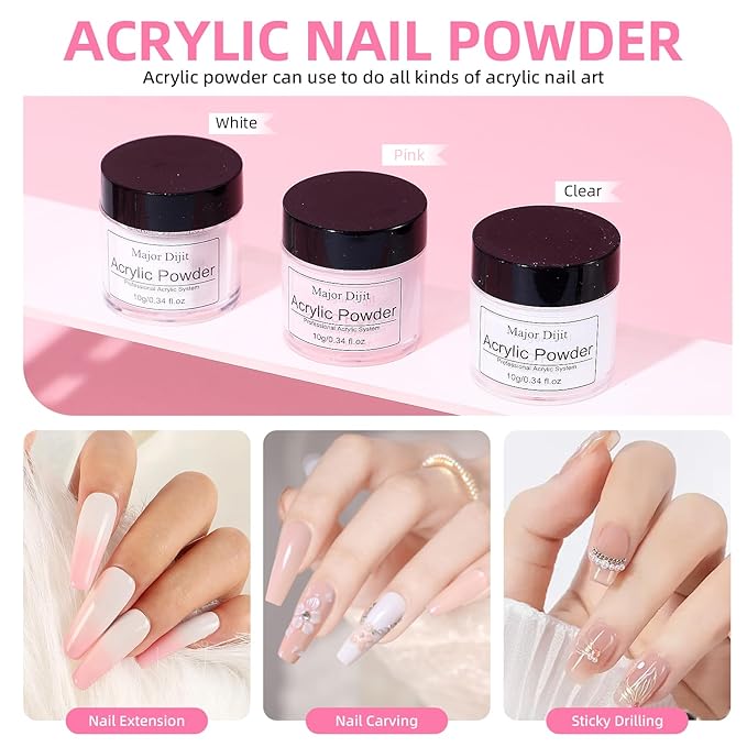 Major Dijit Acrylic Nail Kit with Drill and UV LED Lamp - Starter Set with White Pink Clear Acrylic Powder 6 Macaron Gel Polishes Nail Decorations and Manicure Tools