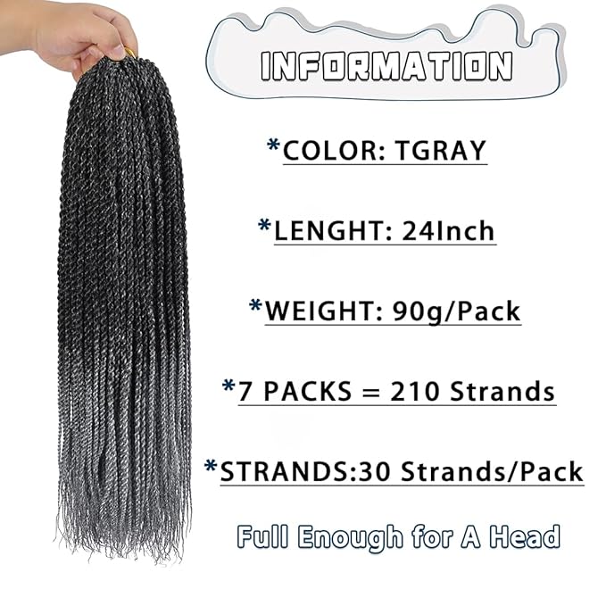 Crochet Braids Senegalese Twist Crochet Hair 7 Packs Pre Looped Micro Senegalese Twist Braiding Hair Ombre Crochet Braids for Women (24inch TGray)