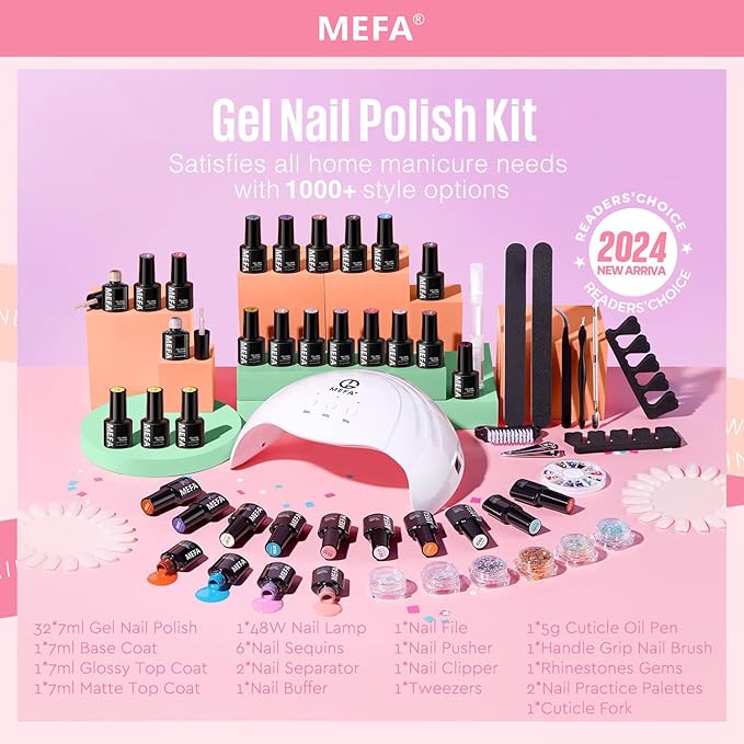 MEFA 32 Colors Gel Nail Polish Kit with U V Light 54 Pcs Nude Pink Popular Gel Nail Polish Starters Set Essential Manicure Tools Nails Art Decorations DIY Gifts