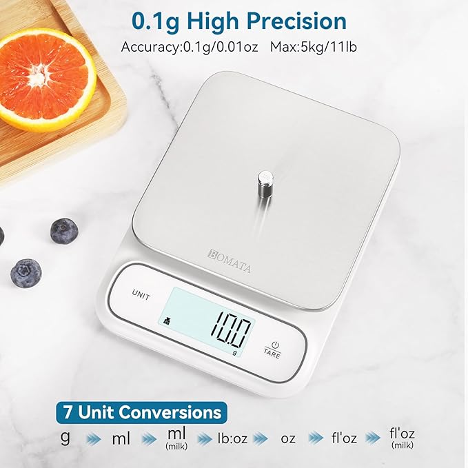 BOMATA Waterproof IPX6 Kitchen Scale 0.1 g/0.01 oz High Precision 5 kg/11 lbs Digital Scale with Backlight Stainless Steel Weighing Platform for Food Cooking Baking Weight Loss.. B619 White