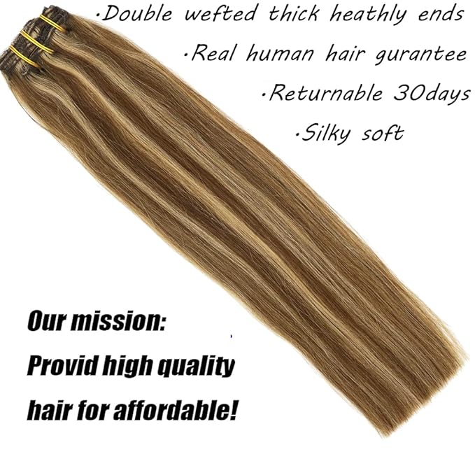 Human Hair Lace Clip In Hair Extensions Thick Ends Highlights Piano Color Chocolate Brown/Strawberry Blonde 16inch 100g Remy Hair Extensions