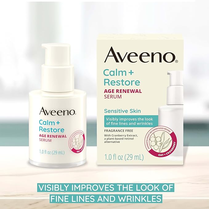 Aveeno Calm + Restore Age Renewal Anti-Wrinkle Face Serum Anti Aging Serum with Nourishing Oat &amp Cranberry Extract Visibly Improves the Look of Fine Lines Fragrance Free 1.0 fl. Oz
