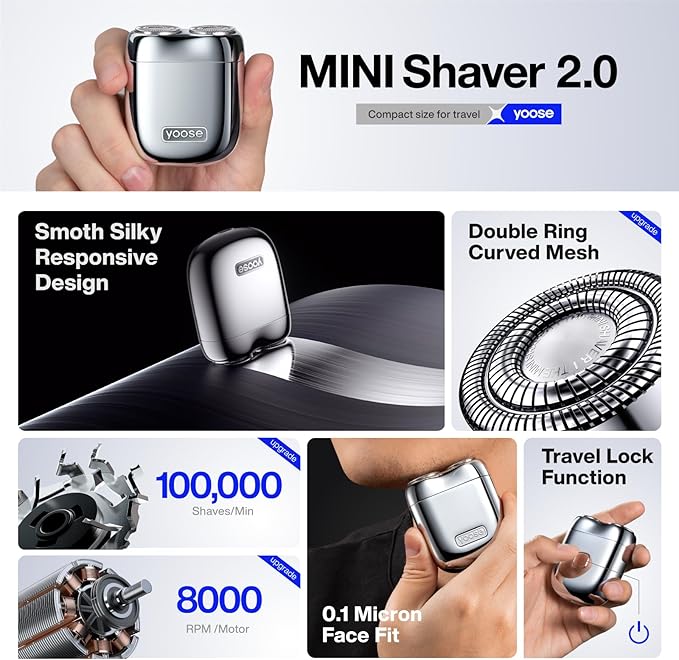 yoose Alloy Mini Shaver Portable Electric Razor for Men Waterproof Dry Shave Cordless 60 Mins Runtime USB-C Rechargeable Easy Cleaning Magnetic Detachable Head Travel Shaver with Case Silver