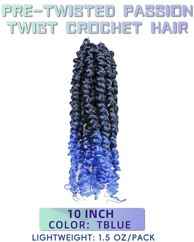10 Inch 8 Packs Pre Looped Passion Twist Crochet Hair for Black Women and Kids-Ombre Blue Super Soft Bouncy Synthetic Braided Hair Extensions(10 Inch-8 PacksT1B/Blue)