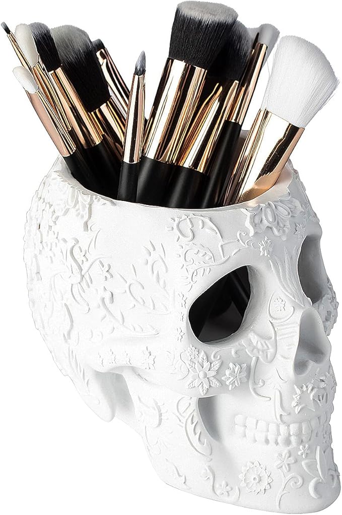 Skull Makeup Brush Candy Bowl &amp Pen Holder Bowl Spooky Goth Decorations Extra Large Strong Resin Skeleton Skulls and Bones Organizer Bathroom Trick Or Treat Decor by Gute (White)