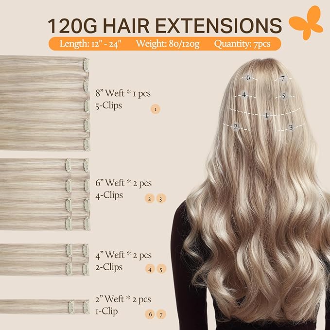 DOORES Human Hair Extensions Soft Honey Blonde Highlight Platinum Blonde 20 Inch 120g 7pcs Clip in Hair Extensions Natural Thick Weft for Women Straight Weft Gift