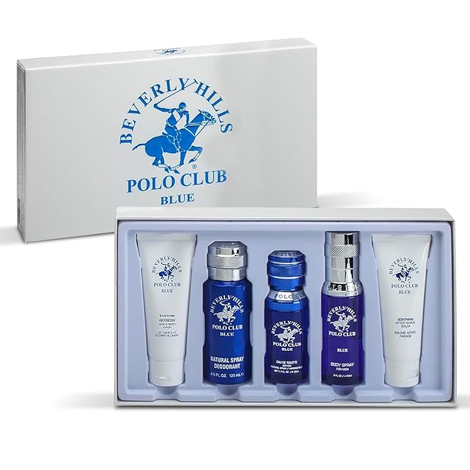 Beverly Hills Polo Club BHPC Blue Men's 5-Piece Grooming Gift Set - Fresh Scent Collection for Him