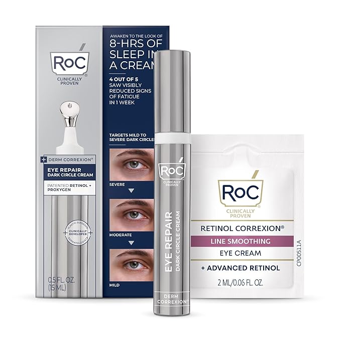RoC Derm Correxion Retinol Eye Repair Dark Circle Cream Treatment with Niacinamide Resveratrol Proxygen for puffy eyes wrinkles and crow's feet with Line Smoothing Eye Packette