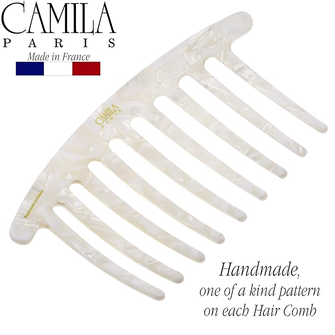 Camila Paris CP3737 French Side Comb Rounded White and Stones French Twist Hair Combs Decorative Strong Hold Hair Clips for Women Bun Chignon Up-Do Styling Girls Hair Accessories Handmade in France