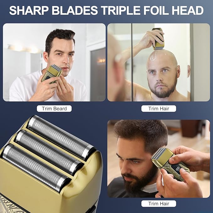 Electric Shavers for MenWaterproof Powerful Motor Electric RazorHead Shavers for Bald MenTriple Foil Beard TrimmerBarber Supplies LED Displays &amp USB Charging Shaver Gifts