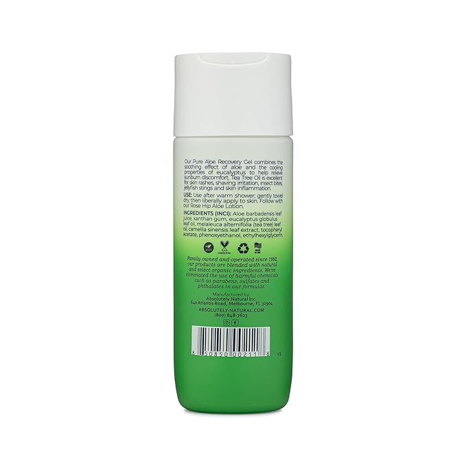 Absolutely Natural - 100% Pure Aloe Vera Cooling Gel - Lotion for Sunburn Relief &amp Rashes - Premium Sun Care with Vitamin E Eucalyptus - 6 oz