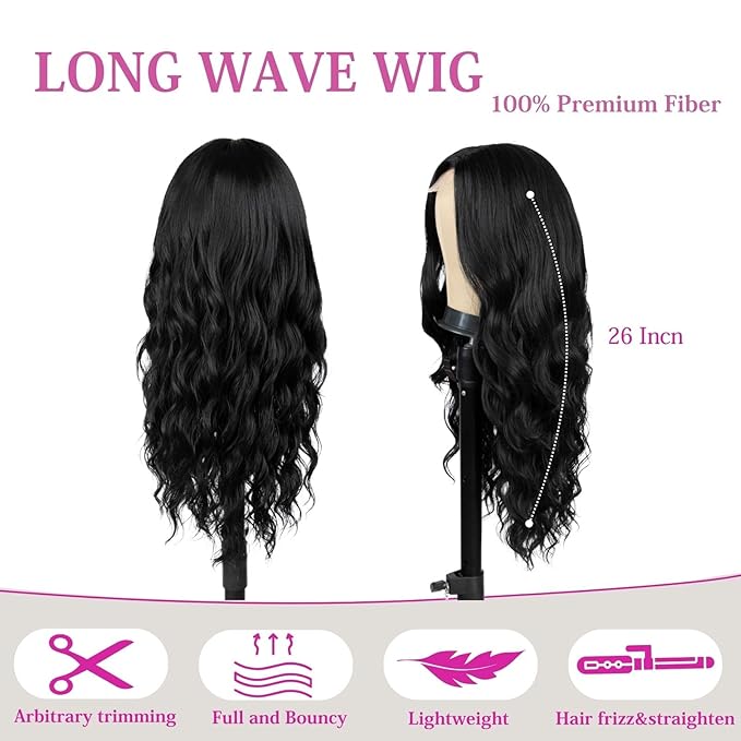26 inch Lace Hairline Long Black Wigs for Women Middle Part Long Curly Wig Heat Resistant Synthetic Hair Looking Natural Fiber Wig for Daily Party Use