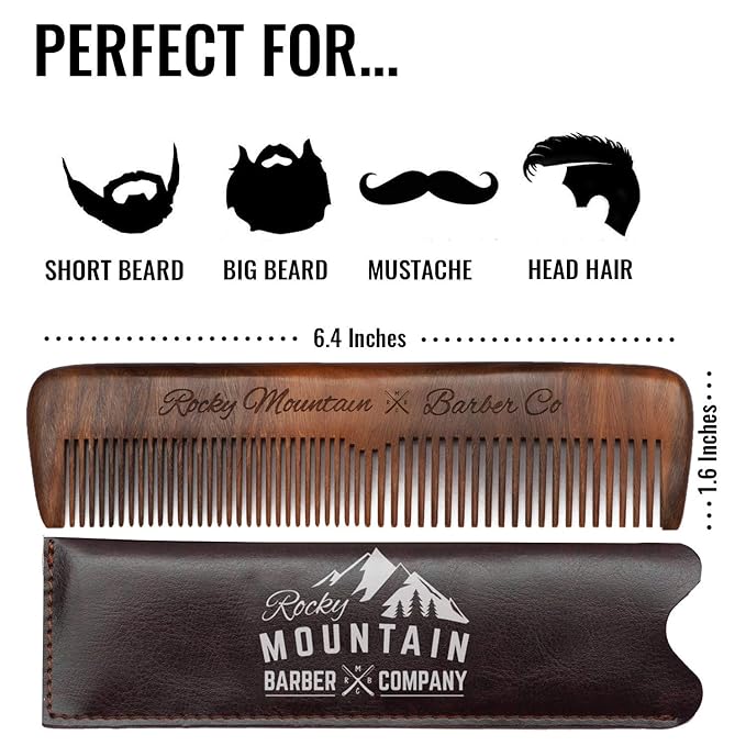 Hair Comb - Wood with Anti-Static &amp No Snag with Fine and Medium Tooth for Head Hair Beard Mustache with Premium Carrying Pouch in Design in Gift Box