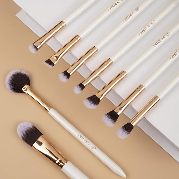 OMANIAC Makeup Brush Set Professional 12 Pearlescent Wood Handle Makeup Brushes Premium Cruelty-Free Synthetic Fiber Hair Travel Make up Brushes Set with Case (White).