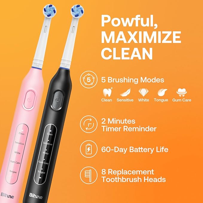 Bitvae Rotating Electric Toothbrush 2 Packs for Adults and Kids 8 Brush Heads 60-Day Battery Life 5 Modes Power Toothbrush with 2-Minute Smart Timer Black &amp Pink R1