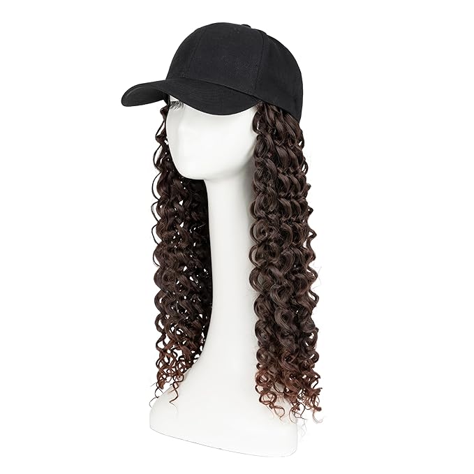 TESS Black Baseball Cap with 20'' Long Coily Synthetic Hair Extensions for Women and Girls - Adjustable &amp Breathable Wig Cap for Daily Use Outdoor Activities