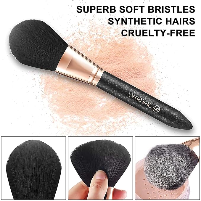 OMANIAC Makeup Brush Set Professional 12 Pearlescent Wood Handle Makeup Brushes Premium Cruelty-Free Synthetic Fiber Hair Travel Make up Brushes Set with Case (Black).