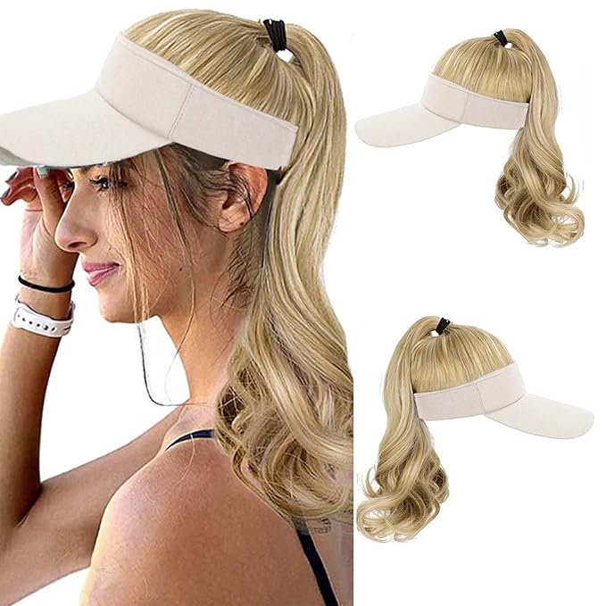 Visor Hat Wig for Women Baseball Cap Wig With Curly Synthetic Hair Extensions Ponytail Cap Wig Sun Hat With Hair Wig