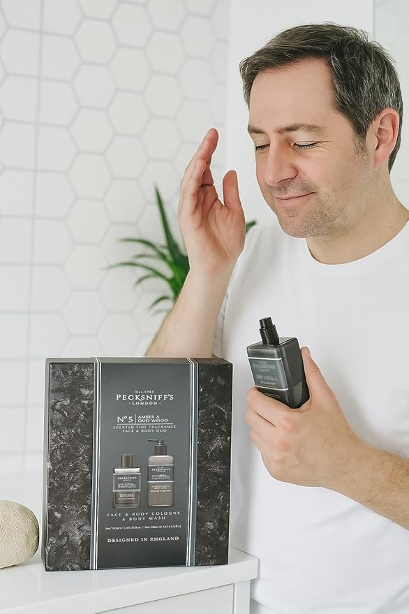 Pecksniff's Face &amp Body Duo Amber &amp Oud Wood ? Men?™s Grooming Gift Set with 100ml Face &amp Body Cologne and 250ml Body Wash ? Luxury Fragrance Collection Made in England