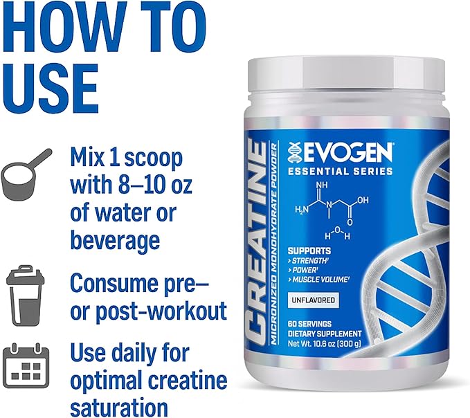 Evogen Creatine Monohydrate Powder - Micronized Creatine for Women &amp Men | Pure Creatine Powder Supplement for Strength Power &amp Recovery | Unflavored | 60 Servings