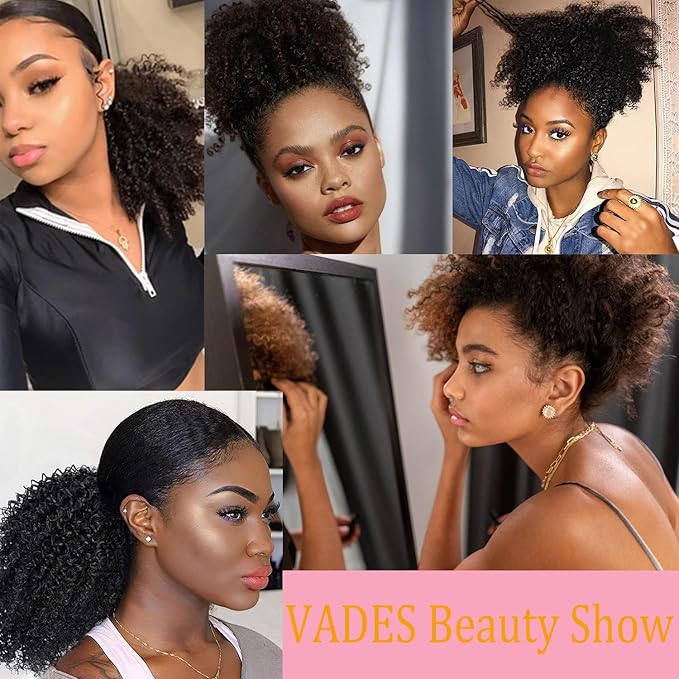 VADES Kinky Curly Human Hair Drawstring Ponytail for Black Women Dark Brown Real Hair Ponytail Extension 12 Inch Afro Puff Ponytail Hair With 3 Stable Combs Color #2 Curly Hair Extension