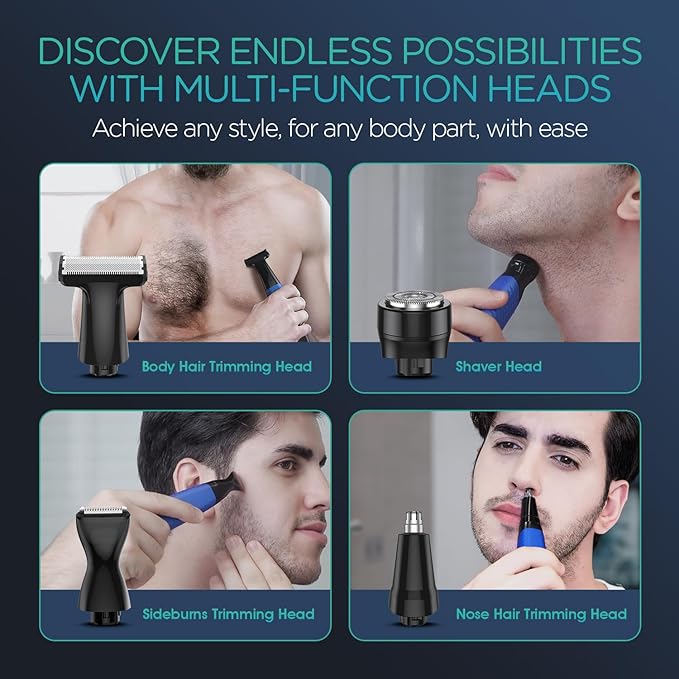 VOYOR Beard Trimmer for Men Electric Razor Nose Face Body Hair Trimmer with Adjustable Length Combs All in 1 Rechargeable Mens Grooming Kit Cordless Electric Shaver Wet/Dry TX510 (Blue)