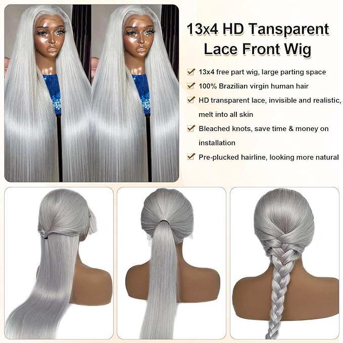 Grey Lace Front Wigs Human Hair 180% Density 13x4 HD Transparent Lace Frontal Wig Real Human Hair Pre Plucked Bleached Knots Gray Silver Color Brazilian Virgin Glueless Wigs for Black Women 20 Inch