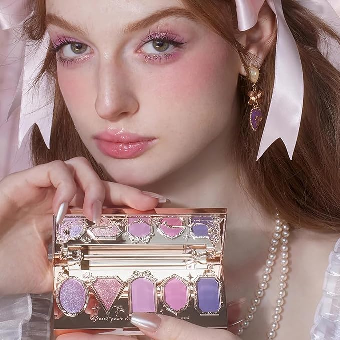 Flower Knows Violet Strawberry Rococo Eyeshadow PalettePurple Pink Makeup Palette with 3 Matte + 2 Shimmer ShadesBlendable Smooth Cute Eye Makeup0.21 Oz(Starmoon Strawberry)