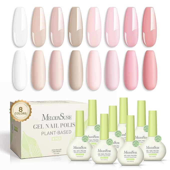 MelodySusie Plant Based Gel Nail Polish SetPink and Nude Versatile ColorsHema FreeSoak Off UV LED Gel Polish Nail Art Manicure Salon DIY at Home 8Pcs 10ml/0.34 fl oz