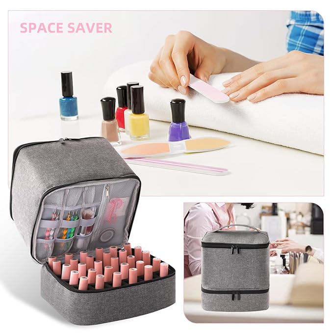 Travel Nail Polish Organizer Holds 30 Bottles (15ml) Double-layer Nail Polish Carrying Case Large Capacity Portable Storage Bag for Nail Varnish and Manicure Set