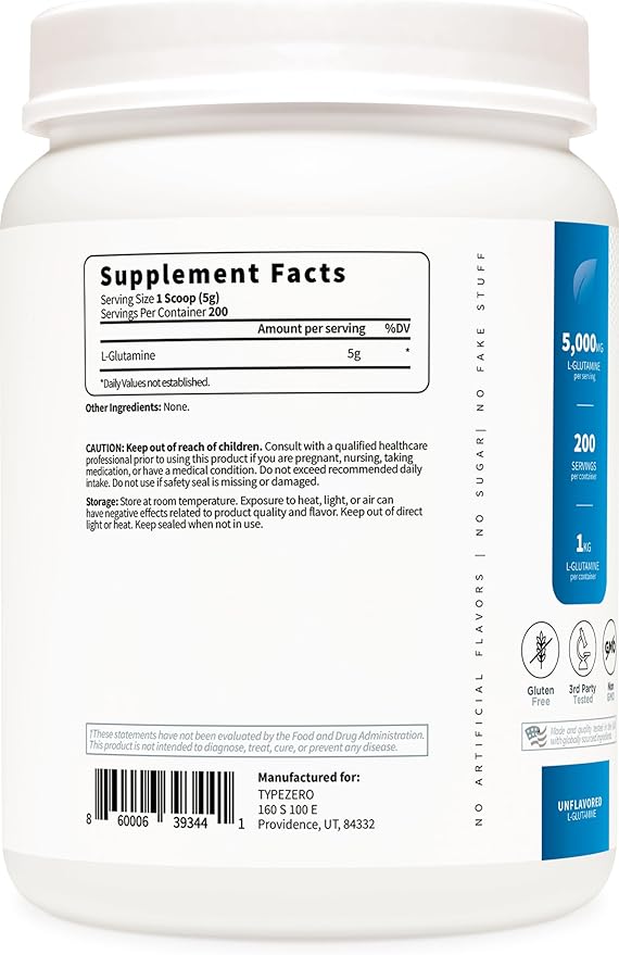 Type Zero L Glutamine Powder KG 5000mg Serving Size - 6-Month Supply L-Glutamine Supplement for Gut Health Gastrointestinal Lining Support &amp Recovery for Women/Men - Vegan Gluten Free No Fill