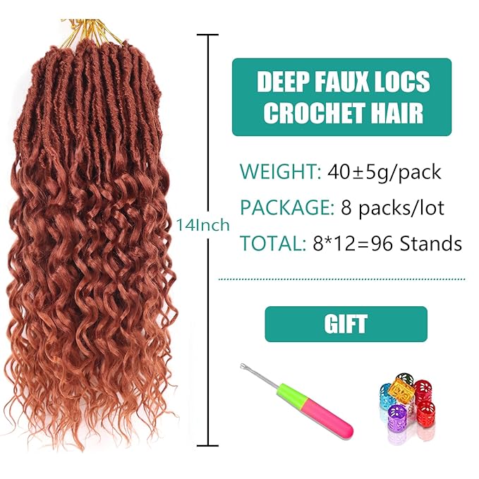 Goddess Locs Crochet Hair 14 Inch 8 Packs Soft Faux Locs Crochet Hair for Black Women Pre Looped Deep Wave Crochet Braids with Curly Ends Synthetic Hair Extensions (14 Inch/Pack of 8 350)
