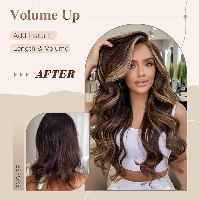 Highlight Dark Brown Mix Honey Blonde Long Layered Wavy Wigs with Bangs for Black White Women Synthetic Highlight Brown Layered with Curtain Bangs Wig Body Wave Shaggy Hair for Daily Use 24Inch