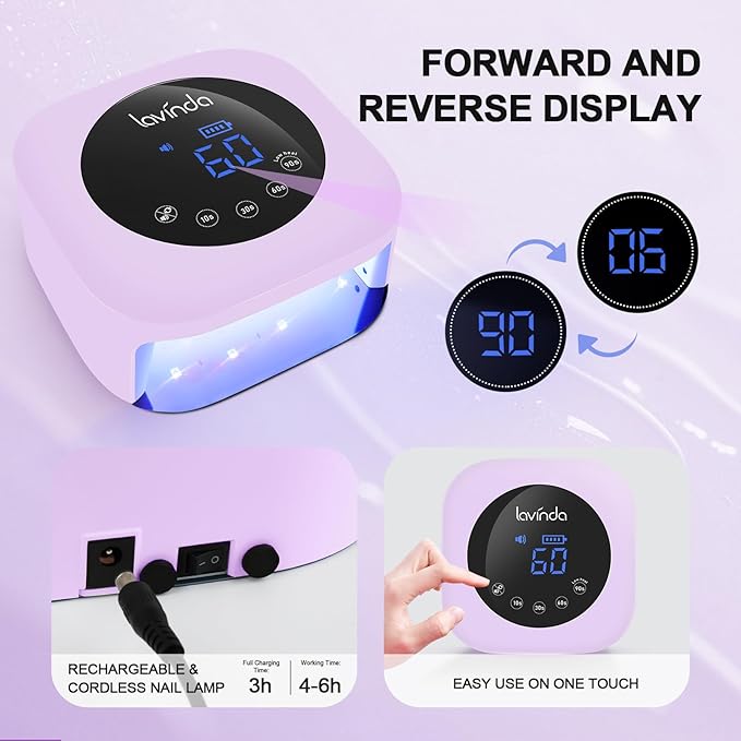 Lavinda LED Nail Lamp 54W Rechargeable Cordless UV Nail Light Professional Gel Nail Lamp with Timer Display Fast Drying UV Lamp for Gel Nails Matte Macaron Purple Nail Dryer for Salon &amp Home