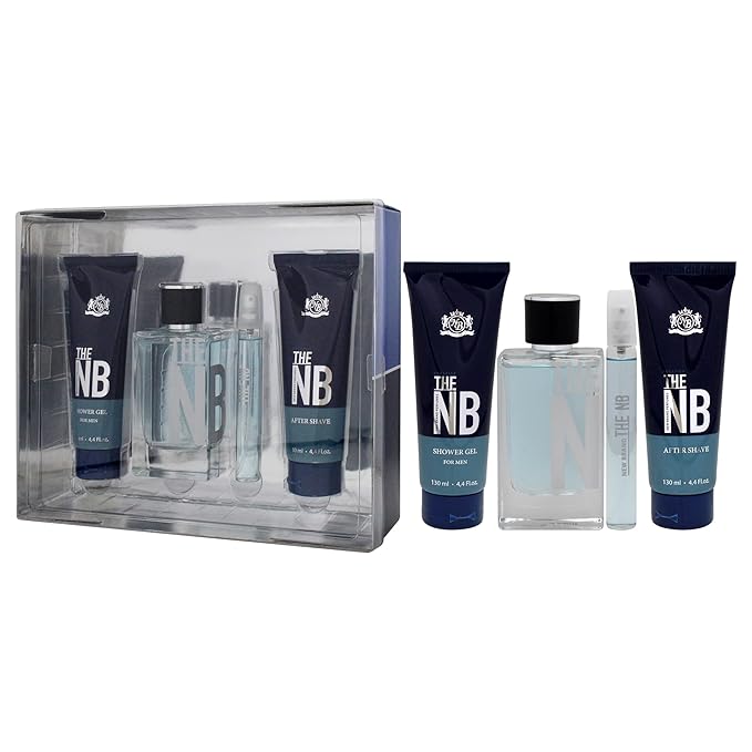 New Brand Prestige The NB 4 Pieces Gift Set for Men (3.3 Ounce Eau de Toilette Spray + 4.4 Ounce Shower Gel + 4.4 Ounce After Shave Balm + 0.5 Ounce Eau de Toilette Mini Spray)