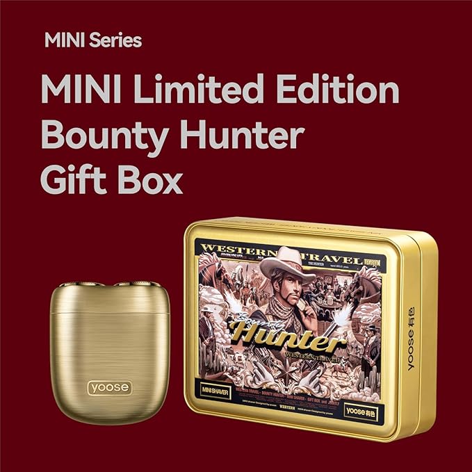 yoose Bounty Hunter Mini Shaver Gift Set Portable Alloy Travel Shavers Cordless Shaving USB-C Rechargeable Electric Razor for Men Dry Shave IPX7 Waterproof Easy Cleaning Battery Indicator Gold