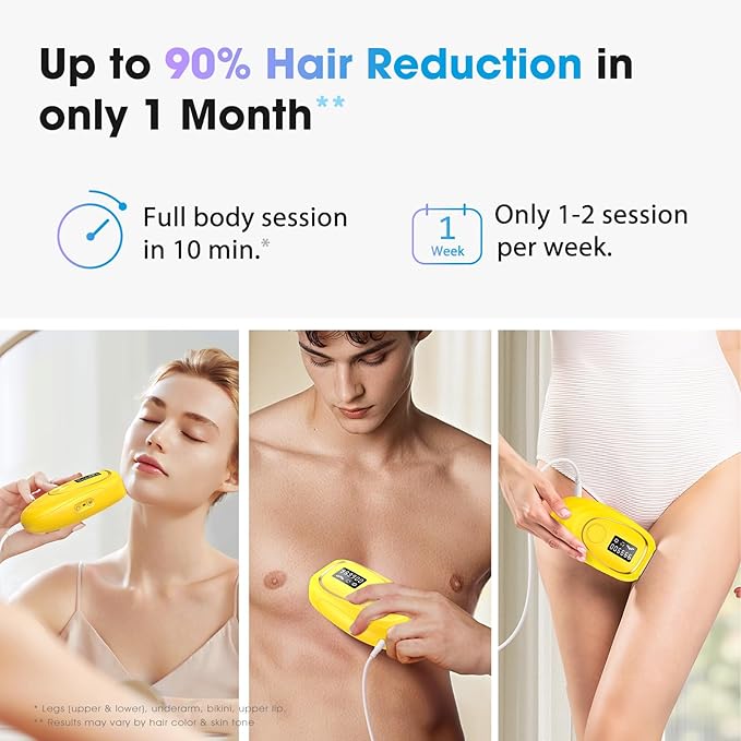 Laser Hair Removal Device at-Home IPL Hair Removal for Women &amp Men - Safe 45°F Ice-Cooling Contact for Painless &amp Long-Lasting Results 86% Hair Reduction in 3 Weeks for Full Body Lemon Yello