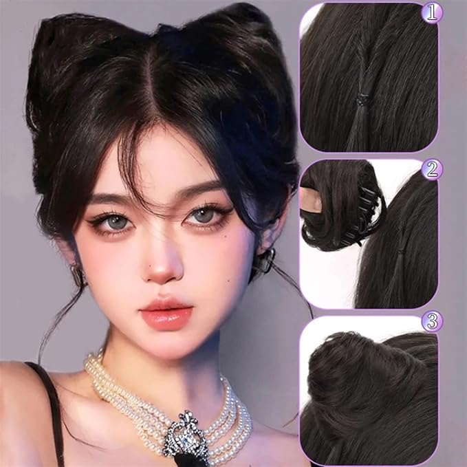 Messy Bun Hair 2 PCS Mini Claw Clip in Messy Hair Bun Extensions Wig Accessory for Women Girls Cat Ears Hair Donut Chignon Synthetic Hair Pieces Bun Extension Real Human Hair Buns (Color : Natural bl