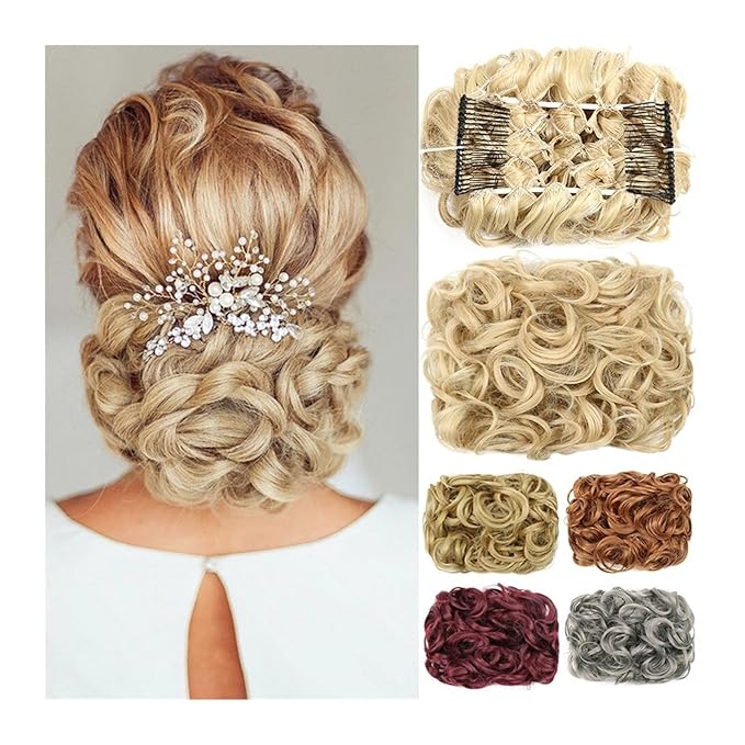 Hair Accessories Synthetic Messy Bun Wig Hair Pieces Wavy Curly Bun Ponytail Hair Extensions Bun Hair Comb Women Bun Wig Hair Pieces For Women(Red)