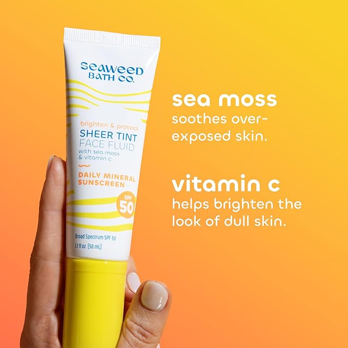 Seaweed Bath Co. Brighten &amp Protect Sheer Tint Face Fluid SPF 50 Zinc Oxide Sunscreen Lotion 1.7 Oz. Tinted Mineral Facial Moisturizer Cream