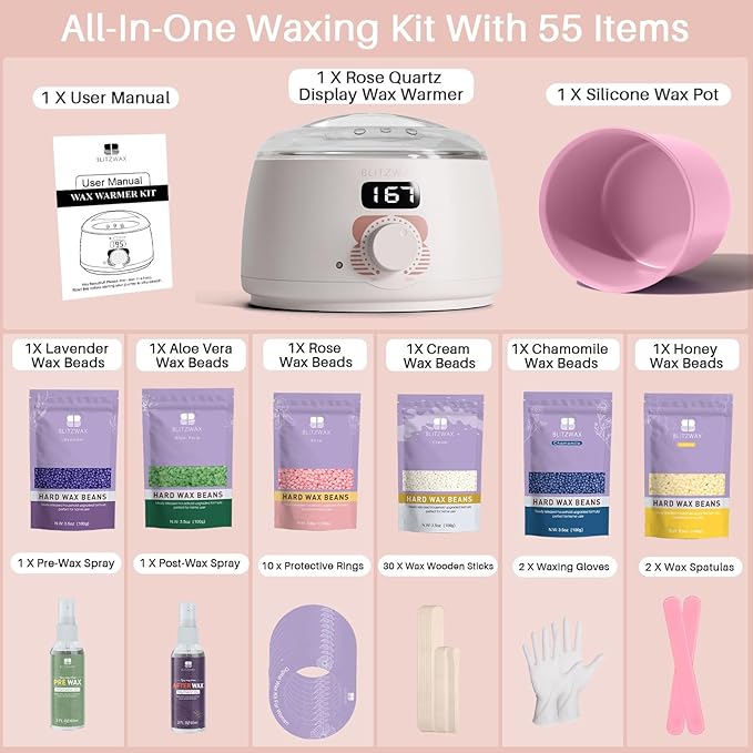 BLITZWAX Brazilian and Bikini Waxing Kit for Women Hard Wax Warmer for Face Legs and Body At Home Hair Removal Kit Beginner Friendly Quick Heating 6 Packs Wax Beads