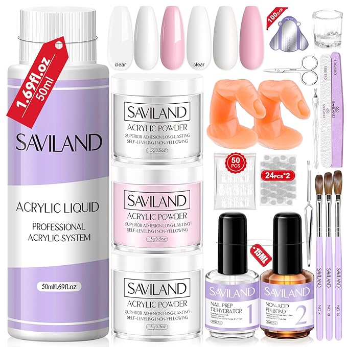 SAVILAND Essentials Acrylic Nail Kit for Beginners: White Pink Clear Acrylic Powder and Liquid Set with Nail Dehydrator Primer Brushes Forms Tips Tools Nails Kit Acrylic Set with Everything Home DIY