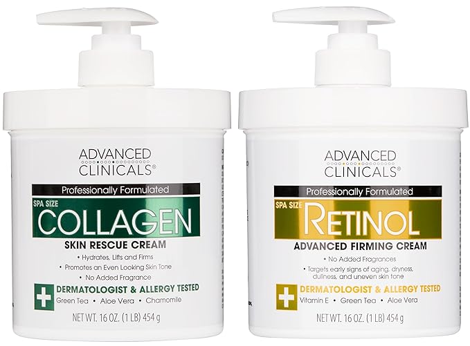 Advanced Clinicals Retinol Body Lotion + Collagen Cream Fragrance Free Face Moisturizer &amp Body Cream 2pc Skincare Set For Women &amp Men Helps Reduce Appearance Of Crepey Skin Wrinkles &amp Dr