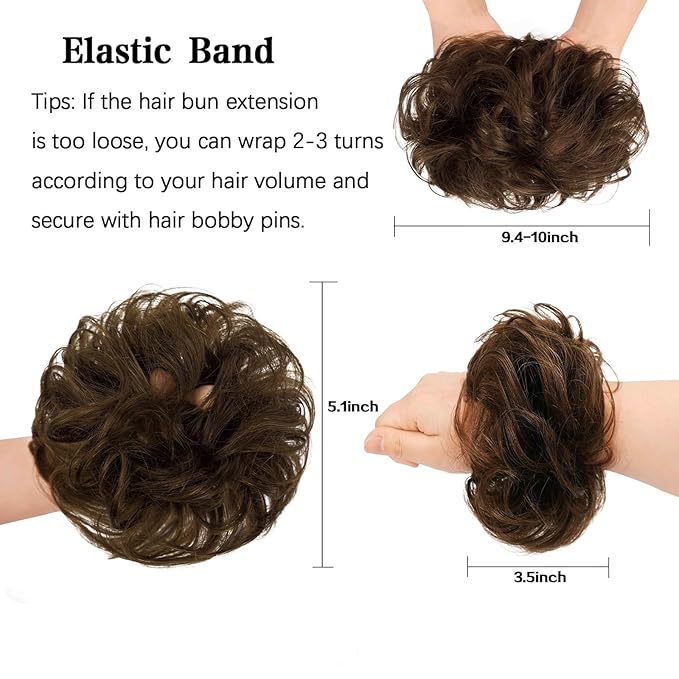 FESHFEN Human Messy Buns - 100% Human Hair Bun Real Scrunchies Hair Pieces Ponytail Extensions Wavy Tousled Updo Chignon Hairpieces for WomenChocolate Light Brown