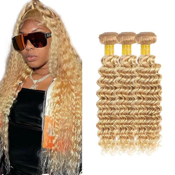 26 26 26 inch Honey Blonde Bundles 613 Deep Wave Bundles Human Hair Blonde Bundle Two Tone 613 and 27 Bundle 300g