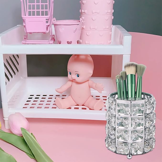 LUEXBOX 4 PCS Crystal Makeup Brush Holder Bling Makeup Tools Organizer Round Cosmetics Brush Storage Container for Table Dresser Bathroom Bedroom Organization (Silver)